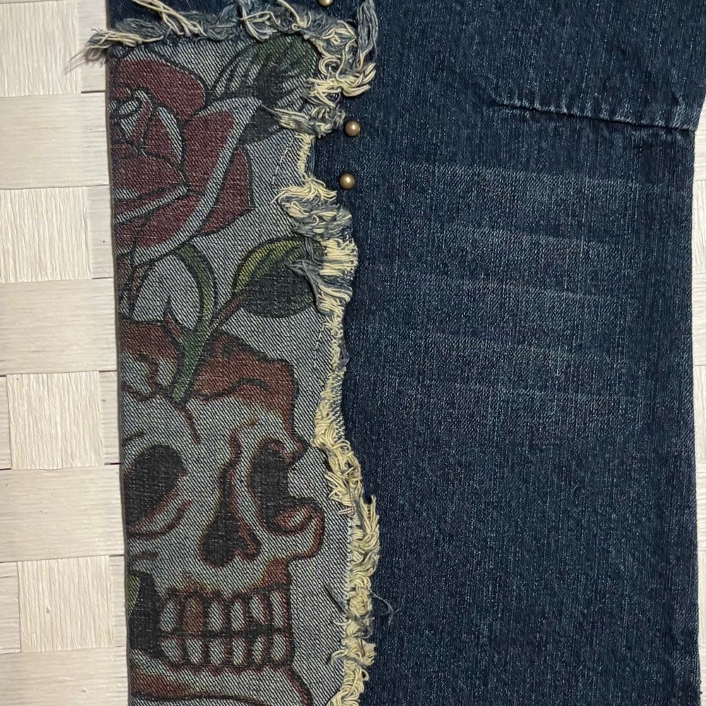 Ed Hardy Dark Blue Jeans with Red Heart & Multicolor Embroidered Skull Patches - Picture 8 of 9